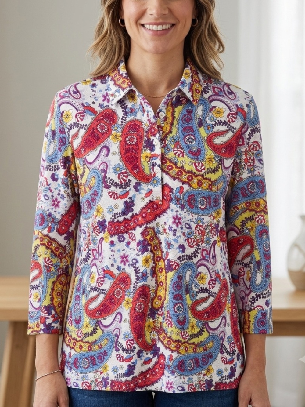 Sport Haley Paisley Polo Shirt M Medium Multi-Color Floral 3/4 Sleeve Golfcore
